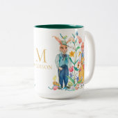OsterNiedliche Kaninchen Frühlingsblumen Monogramm Zweifarbige Tasse (VorderseiteRechts)