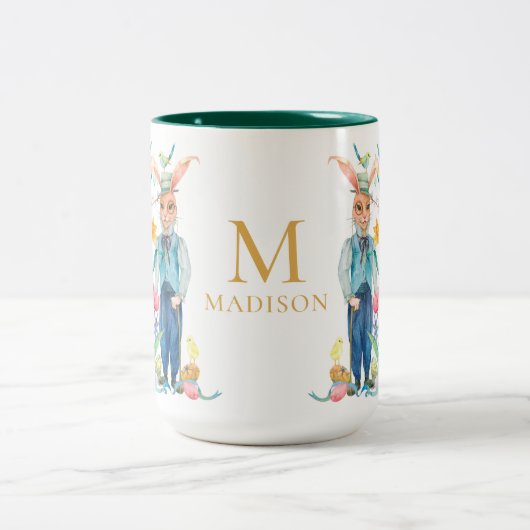 OsterNiedliche Kaninchen Frühlingsblumen Monogramm Zweifarbige Tasse (Mittel)