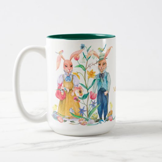 OsterNiedliche Kaninchen Frühlingsblumen Monogramm Zweifarbige Tasse (Links)