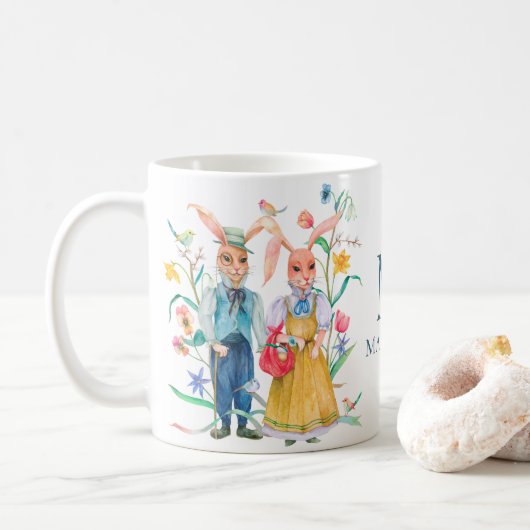 OsterNiedliches Kaninchenfrühlingsprofil Monogramm Kaffeetasse (Mit Donut)