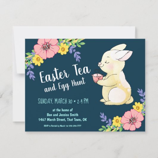 Osterntee-und -ei-Jagd-Frühlings-Häschen-Marine Einladung (Vorderseite)