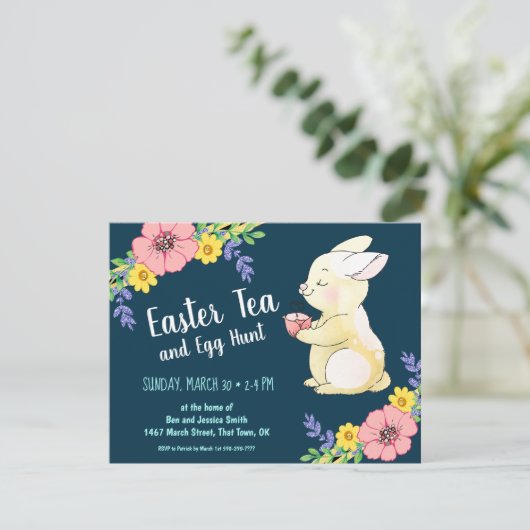 Osterntee-und -ei-Jagd-Frühlings-Häschen-Marine Einladung (Stehend Vorderseite)