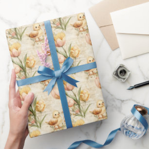 Osterpapier, Tulips und Baby Chicks auf Beige Geschenkpapier