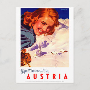 Österreich, glückliche Frau auf Skiern, Vintage-Re Postkarte