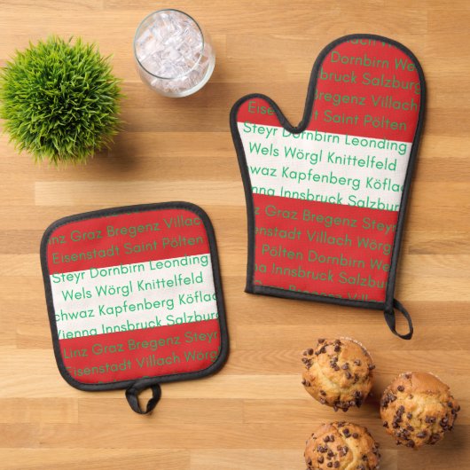 Österreichische Flaggenfarben mit Städten Ofenhandschuh & Topflappen-Set (Oben Unten)