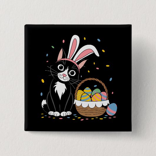 Osterschwarze Katze Tuxedo Kaninchen Bunny Ears Ei Button (Vorderseite)