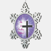 Ostersegnung Kreuz Sternexplosion auf Lila, Risen Schneeflocken Zinn-Ornament (Rechts)