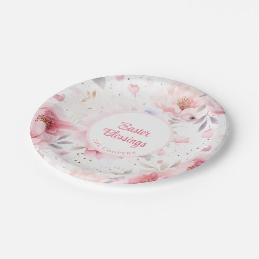 Ostersegnung | rosa Blume Muster | Osterfest Pappteller (Schrägansicht)