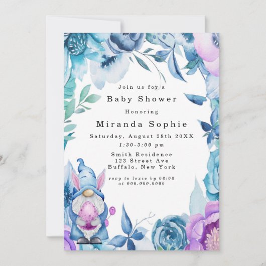 Ostersonnendusche Gnome Lila Blue Peony Baby Dusch Einladung (Vorderseite)