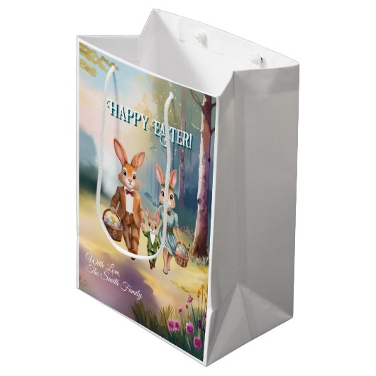 Ostersonnenfamilie Jagd auf Eier Mittlere Geschenktüte (Vorderseite Schrägansicht)