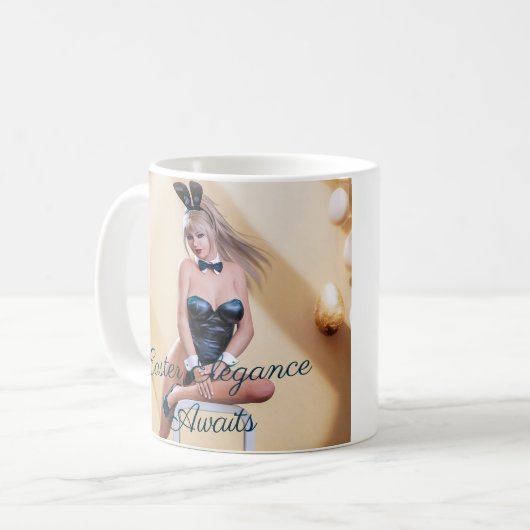 Ostersonnenmädchen sitzt auf Rundwürfel Kaffeetasse (Vorderseite Links)