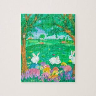 Ostersonnige Kaninchen Aquarellmalerei Puzzle