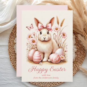 Ostersonniges Kaninchen Coquette Bow Pink Eggs Feiertagskarte