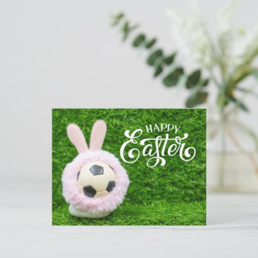 Osterurlaub mit Fußball Ostern Bunny Postkarte (Stehend Vorderseite)