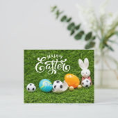 Osterurlaub mit Fußball Ostern Bunny Postkarte (Stehend Vorderseite)
