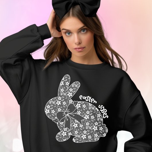 Ostervibes White Lace Bunny Lace Oars Lace Bow Sweatshirt