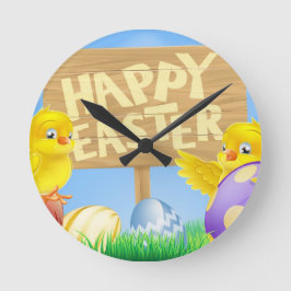 Ostervögel und Eier mit Schild Runde Wanduhr