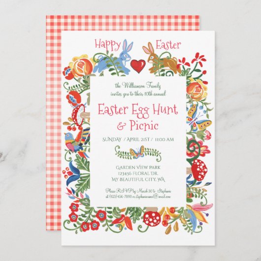 Ostervolk Art Bunny Rabbit Pink Gingham Egg Hunt Einladung (Vorne/Hinten)