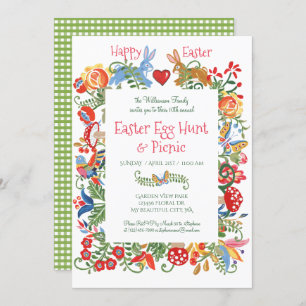 Ostervolk Floral Bunny Rabbit Gingham Egg Hunt Einladung