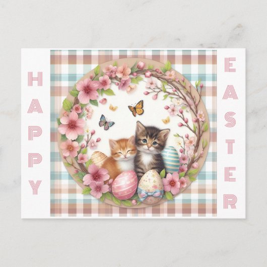Osterwasserfarbe Kariert zwei Kätzchen Postkarte (Vorderseite)