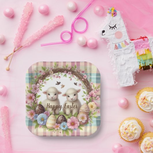 Osterwasserfarbe Kariert zwei Lämmer Pappteller (Party)