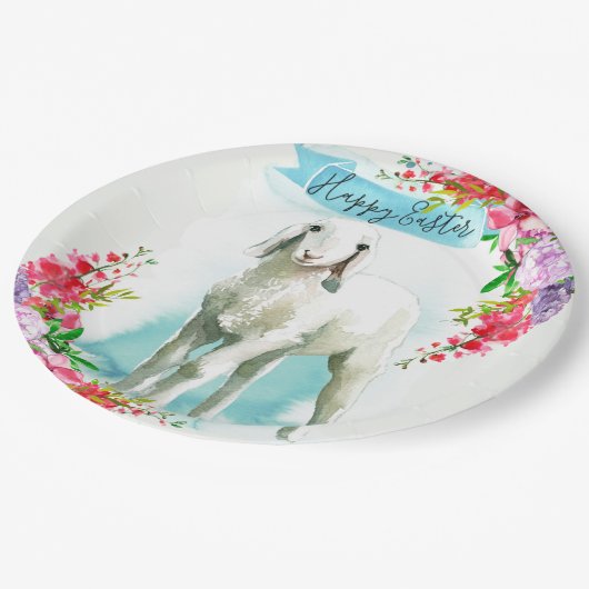 Osterweißes Lamm | Frühlingsblumen Pappteller (Schrägansicht)