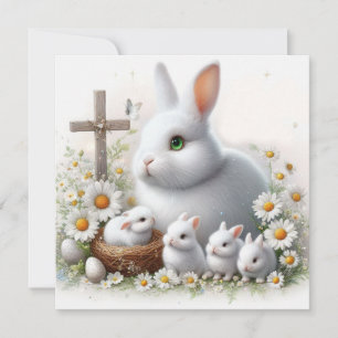 Osterweißhasen mit Kreuz und Gänseblümchen  Karte