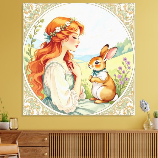 „Osterzauber – Das Mädchen und der Frühlingshase“ Leinwanddruck (Insitu (Wohnzimmer))