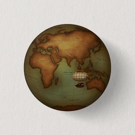 Osthalbkugelkarte mit Luftschiff Steampunk Button (Vorderseite)