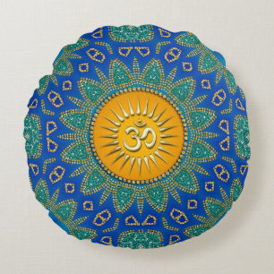 Östliche Sonne Königlich Blau Türkis OM Meditation Rundes Kissen