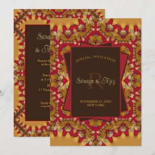 Östlicher Roter Gold Satin Spitze Monogramm Sonder Einladung