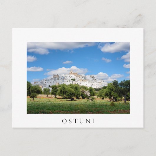 Ostuni mit Olivenbäumen, Apulien, weiße Postkarte (Vorderseite)