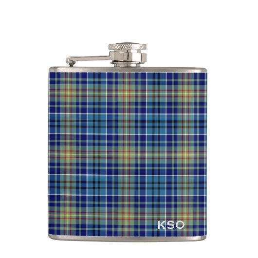 O'Sullivan Tartan Monogram Blue und Green Kariert Flachmann (Vorderseite)