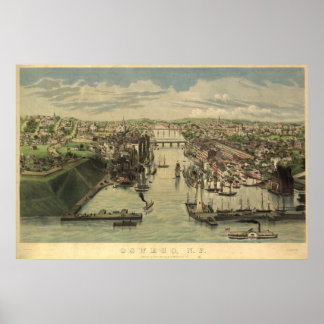 Oswego New York 1855 Antique Panoramabalkarte Poster