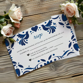 Otomi Blue Floral Elegant Fiesta Spanish Wedding RSVP Karte