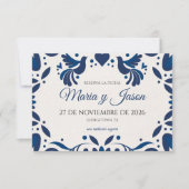 Otomi Blue Floral Elegant Fiesta Spanish Wedding Save The Date (Vorderseite)