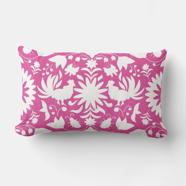 Otomi Druck, helles rosa u. weißes Boho Lendenkissen (Vorderseite)