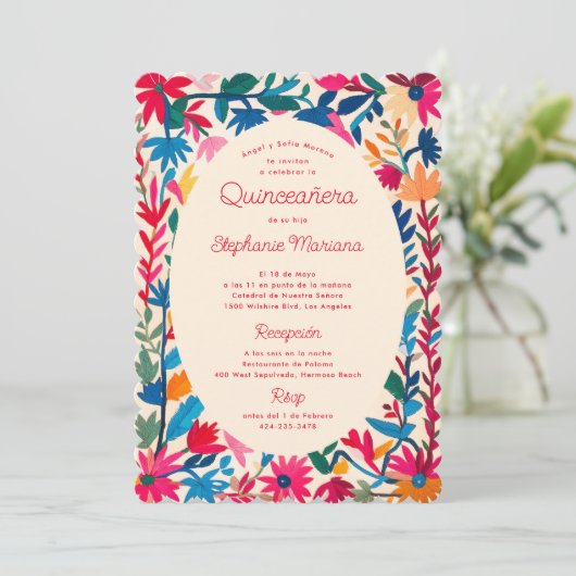 Otomi mexikanische Stickerei kühl farbenfrohe Quin Einladung (Stehend Vorderseite)