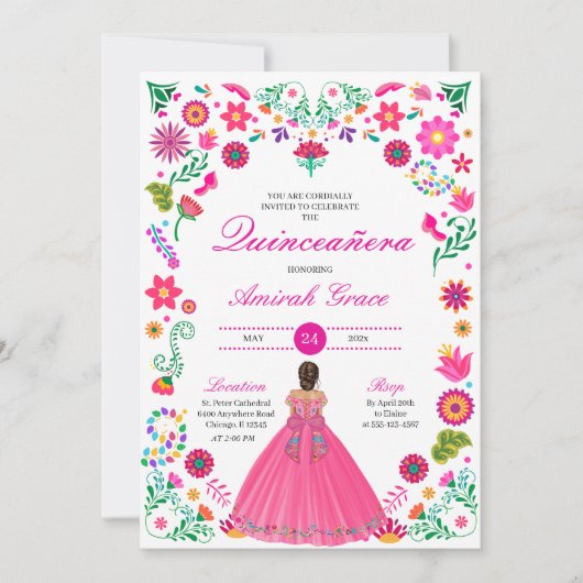 Otomi Stickerei Prinzessin Quinceañera Einladung (Vorderseite)