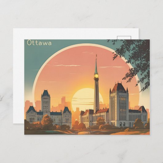 Ottawa Canada Skyline - Bold Retro Sunset Cityscap Postkarte (Vorne/Hinten)