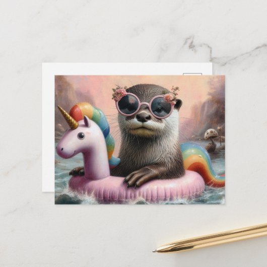 Otter auf einem rosa Einhornfloß Postkarte (Vorderseite/Rückseite Beispiel)