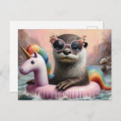 Otter auf einem rosa Einhornfloß Postkarte (Vorne/Hinten)