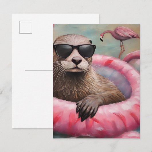 Otter auf einem rosa Float Postkarte (Vorne/Hinten)