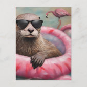 Otter auf einem rosa Float Postkarte (Vorderseite)