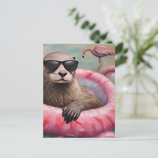 Otter auf einem rosa Float Postkarte (Stehend Vorderseite)