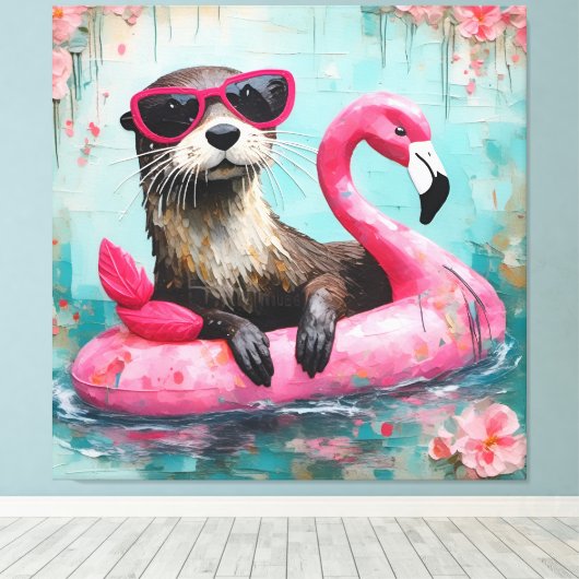 Otter Floating auf einem rosa Flamingo Funny Colla Leinwanddruck (Insitu (Holzboden))
