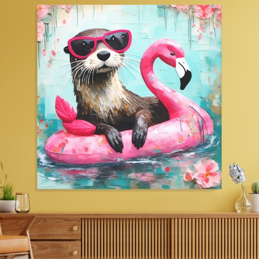 Otter Floating auf einem rosa Flamingo Funny Colla Leinwanddruck (Insitu (Wohnzimmer))