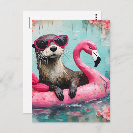 Otter Floating auf einem rosa Flamingo Funny Colla Postkarte (Vorne/Hinten)