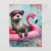 Otter Floating auf einem rosa Flamingo Funny Colla Postkarte (Vorderseite)