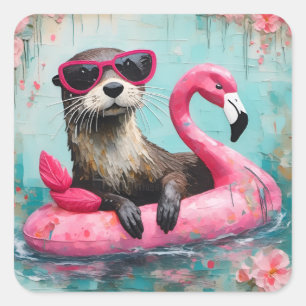 Otter Floating auf einem rosa Flamingo Funny Colla Quadratischer Aufkleber